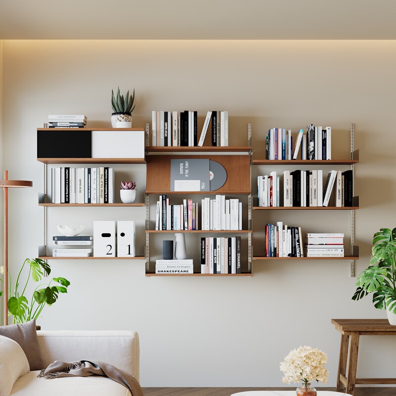 Vanmo Furniture Solid Wood Bookcase Wall-Mounted Storage Rack for Living Room and Bedroom, Vintage Bookshelf Integrated Against the Wall