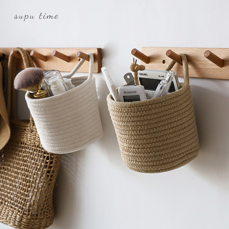 Can hang cotton thread woven storage basket toys snacks cosmetics storage hanging basket bedside debris hanging wall storage basket