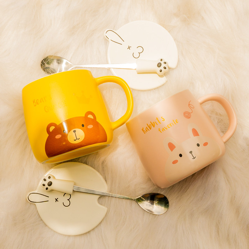 Cup Ceramic Mark Cup With Lid Spoon Lovers GIRL GIRL CUTE HOME OFFICE KOREAN VERSION COFFEE BREAKFAST TEA CUP