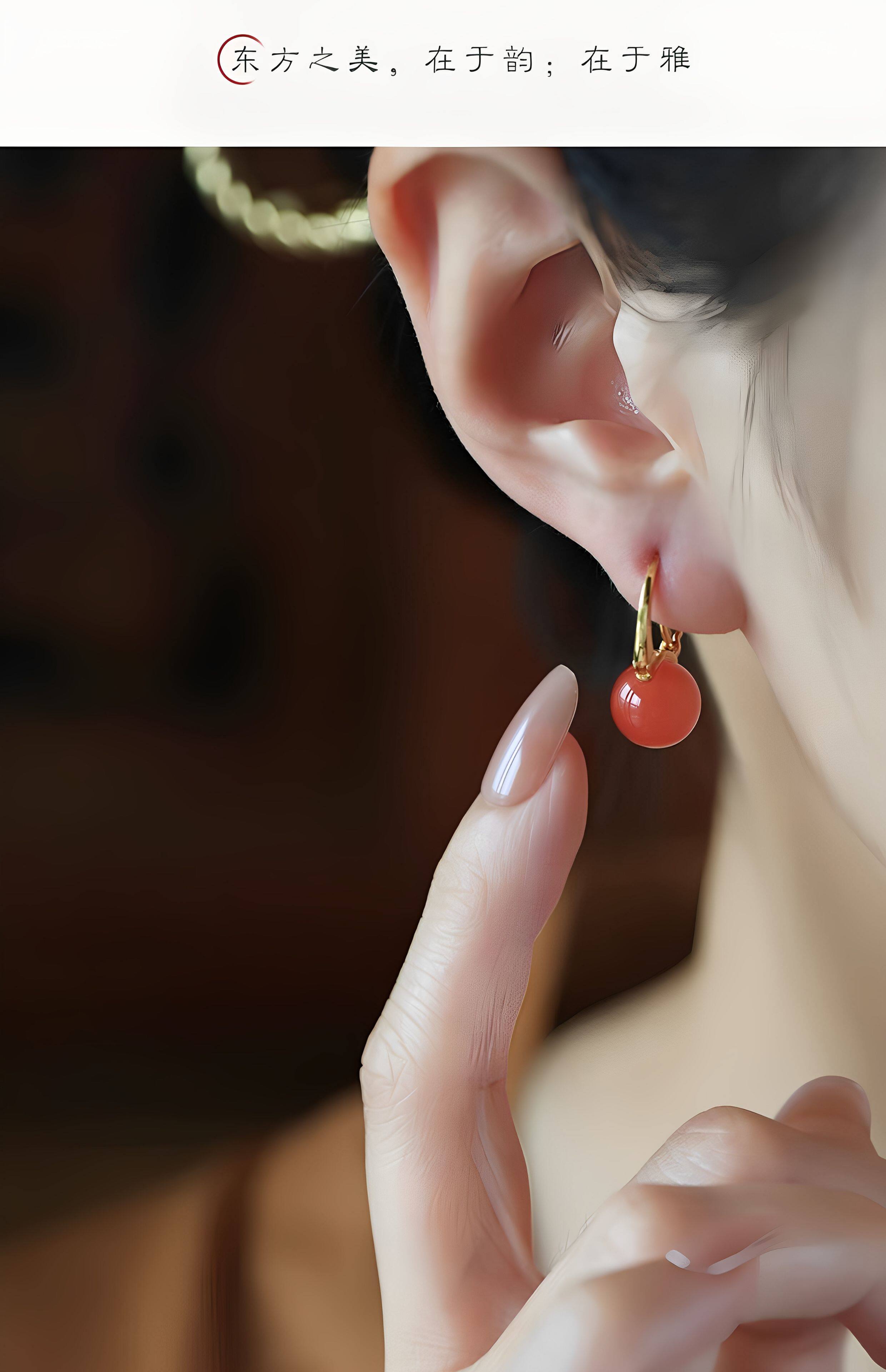 Серьги 冰种天然南红耳饰纯银耳扣女新中式红色本命年红玛瑙耳环耳坠耳针