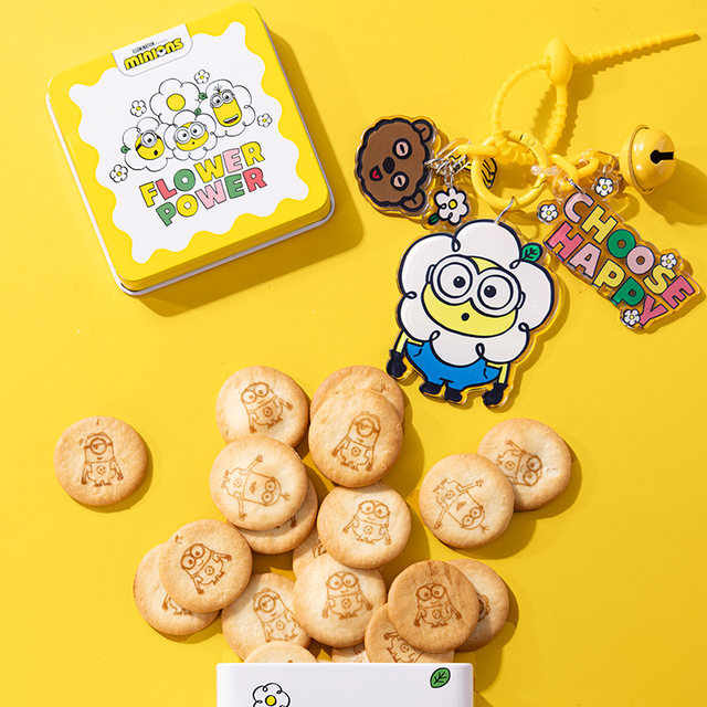 Universal Pictures Minion Unicorn Square Canned Cartoon Cookies ມາພ້ອມກັບການຫຸ້ມຫໍ່ Badge ໂລຫະ