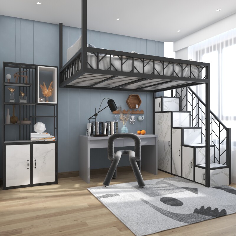 Modern iron elevated bed overhead small household iron bed double bed overhead bed overhead hammock