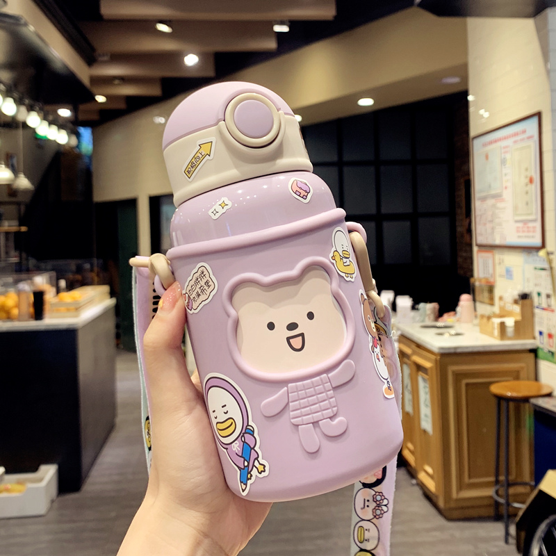 Children cute insulated cup female outdoor portable mug with straw water cup with cuddling bag baby drink water and anti-fall kettle