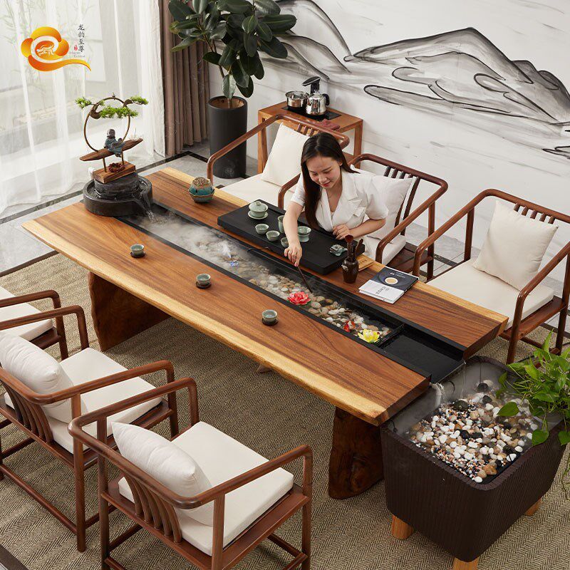 Solid wood New Chinese Flowing Water Tea Table Cycle Fish Farming Landscape Integrated Creative Solid Wood Tea Table And Chairs Combined Office