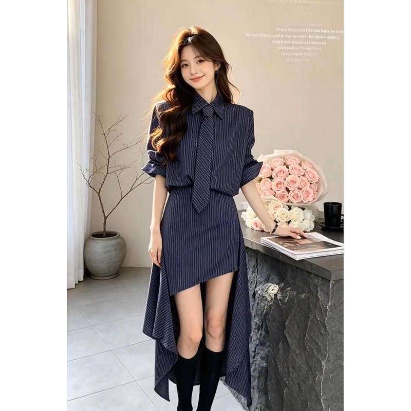 Korean-Style College-Style Blue Long-Sleeved Striped Shirt Dress 2026 Autumn Outfit Complete Set with Fishtail Skirt
