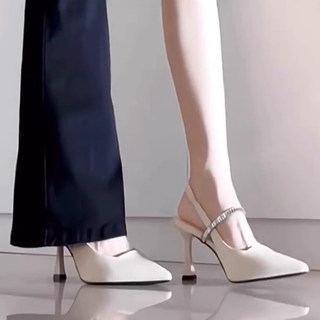米白色凉鞋小众高级感法式细跟高跟鞋女2024夏季新款水钻包头单鞋