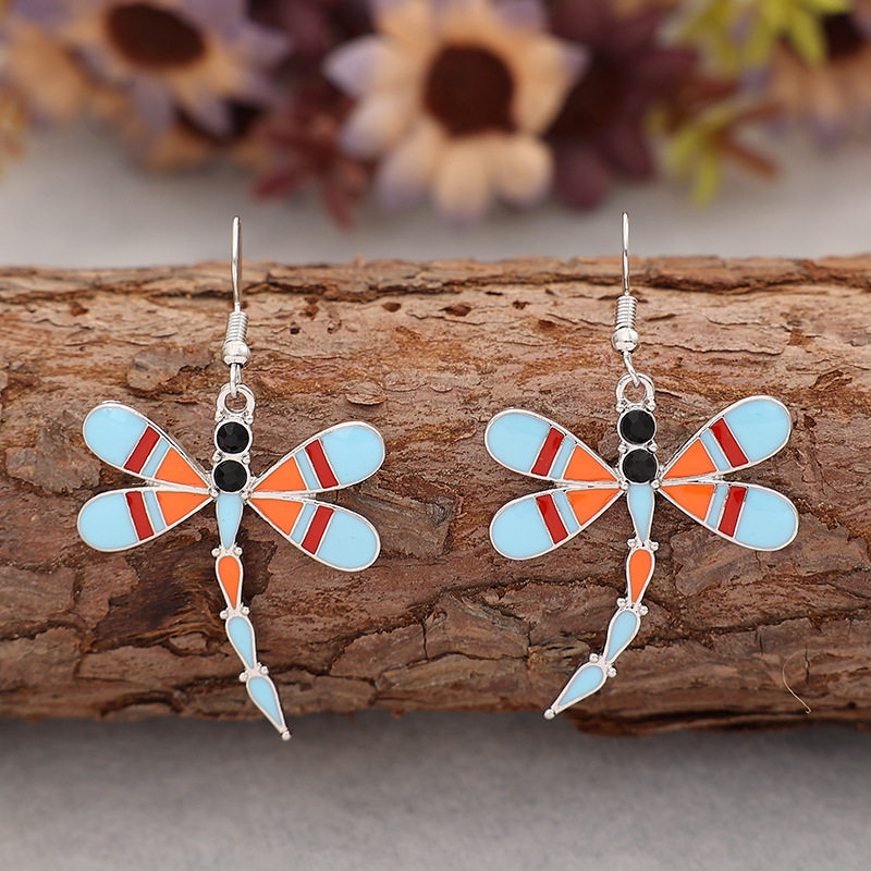 3E3C Vintage Colorful Rhinestone Dragonfly Earrings | Retro Insect Statement Jewelry for Women