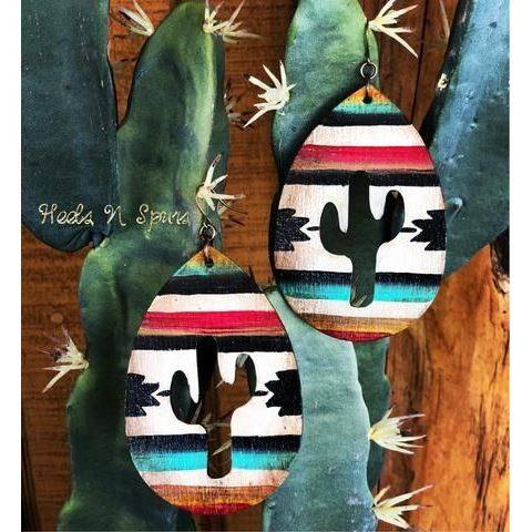 Vintage Western Style Colorful Hollow Cactus Print Leather Earrings In Stock