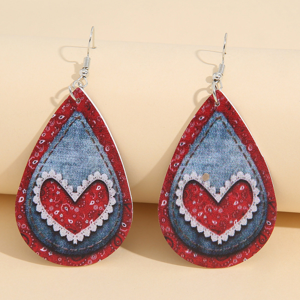 Valentine's Day Teardrop Denim Printed Leather Earrings Vintage Heart Lace PU Ear Jewelry