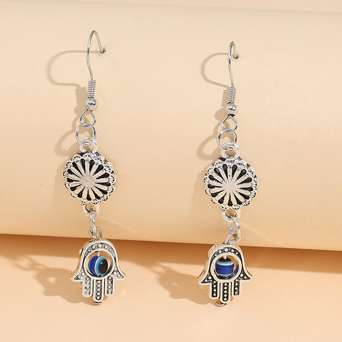 Trendy Fatima Hand & Evil Eye Dangle Earrings Vintage Carved Pumpkin Alloy Jewelry