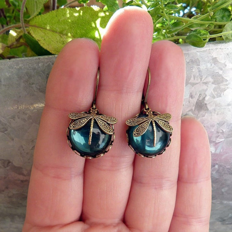 Vintage Dainty Dragonfly Pattern Earrings Antiqued Moonstone Jewelry for Women