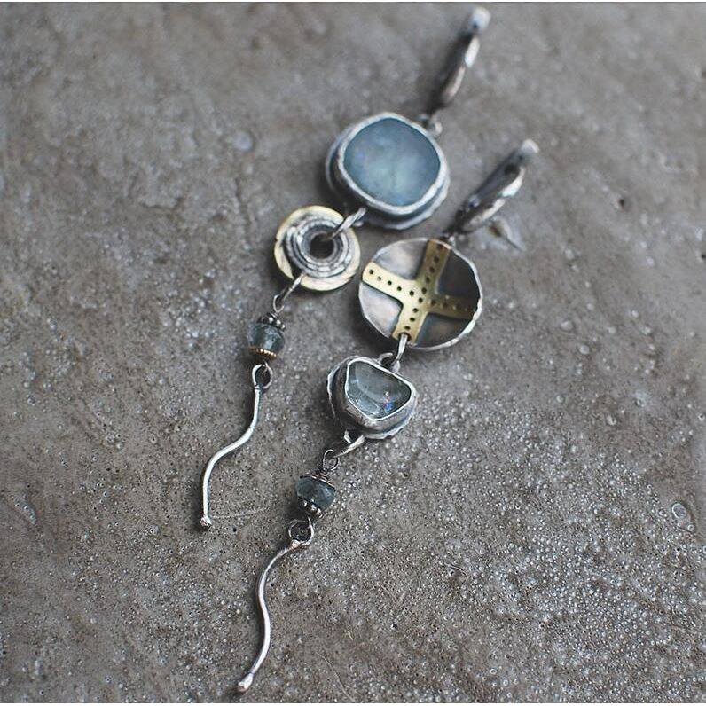 Asymmetrical Long Dangle Earrings for Women | Tribal Style with Sky Blue Stone Cross Round Metal Vintage Jewelry