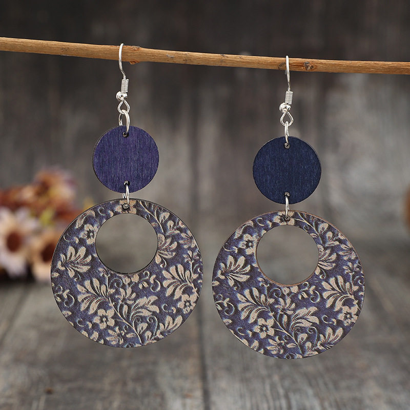 Hollow circle printed plant spliced ​​disc wooden bohemian retro earrings