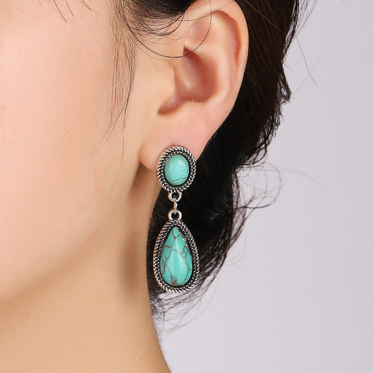 Ethnic Style Vintage Silver Turquoise Earrings Western Creative Oversized Teardrop Dangle Jewelry