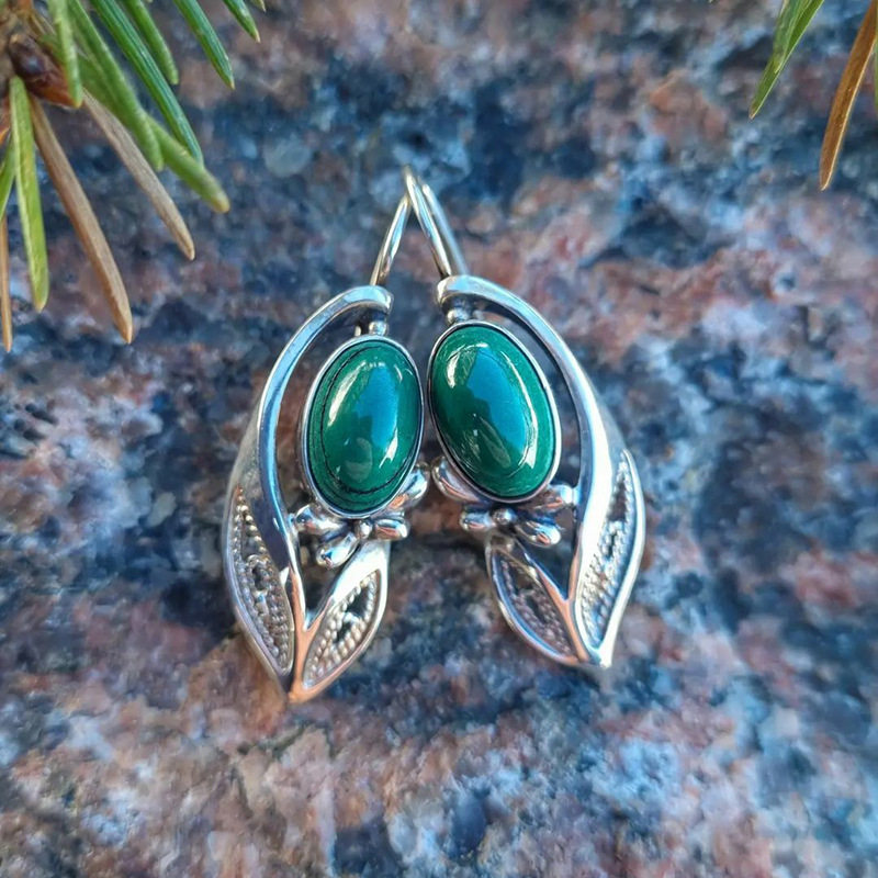 Ethnic Leaf & Flower Hollow-Out Earrings | Vintage Green Agate Elegant Statement Jewelry Gift for Women