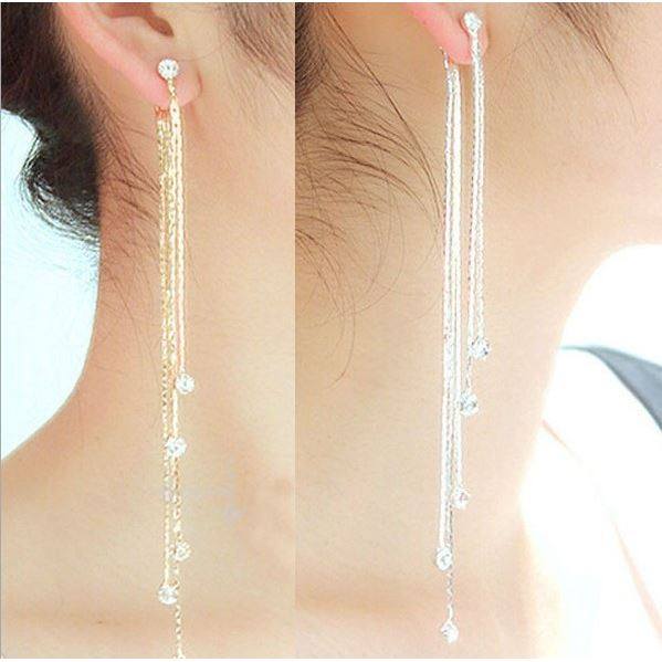 Korean Exaggerated Earrings with Front 2 and Back 3 Strings of Lucky Beads Tassel Ear Drops and Rhinestone Ear Threads