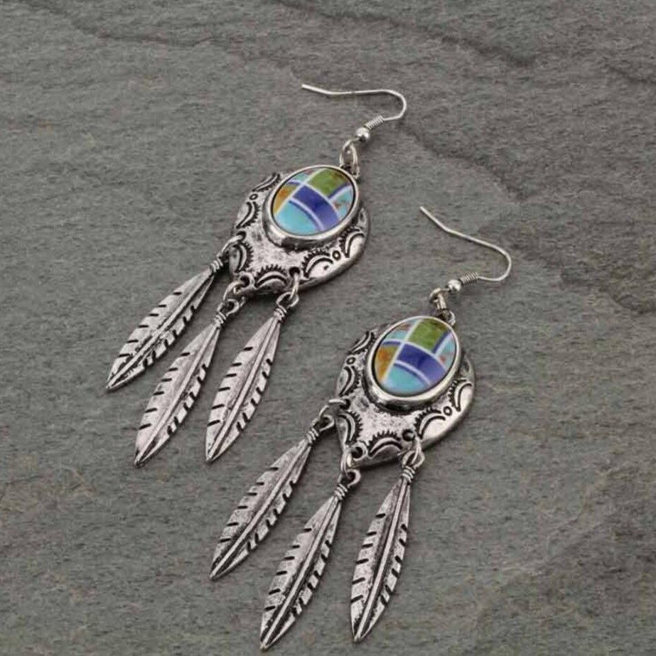 Vintage Feather Alloy Earrings | Long Epoxy Bohemian Women's Fashion Dangle Jewelry
