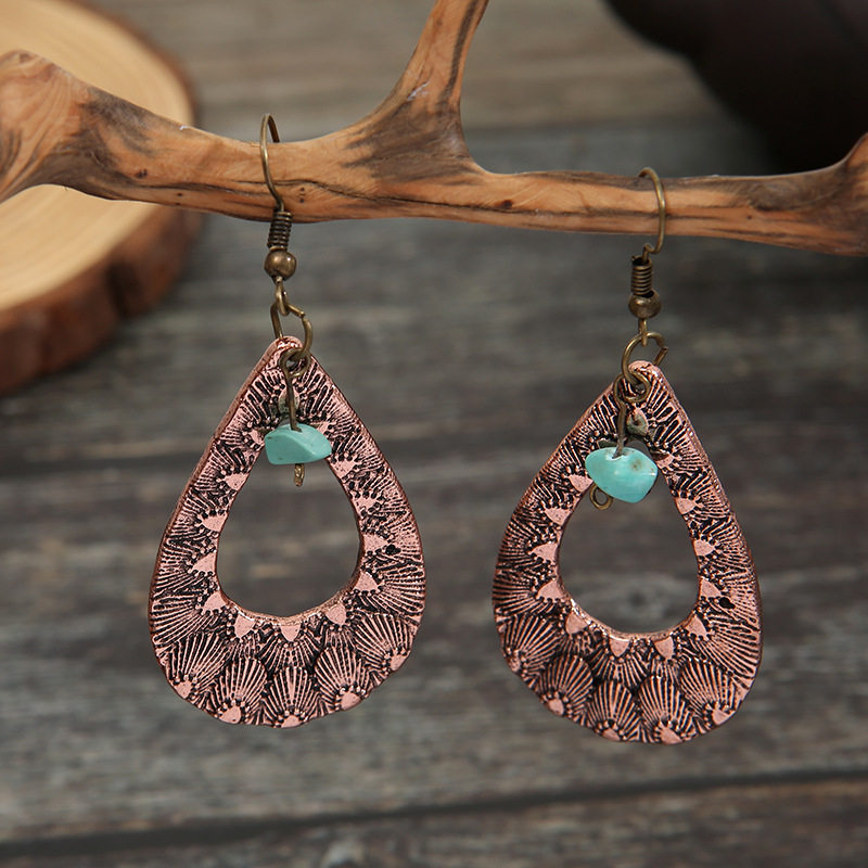 Vintage Metal Turquoise Copper Earrings | Bohemian Style Green Turquoise Teardrop Dangle Jewelry