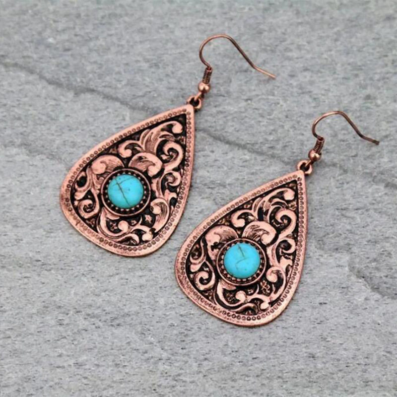 Vintage Bohemian Ethnic Pattern Turquoise Waterdrop Earrings for Women