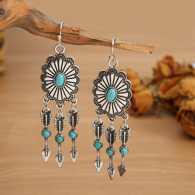 Ethnic Style Oval Lace Turquoise Earrings Vintage Feather Arrow Turquoise Dangle Pendants