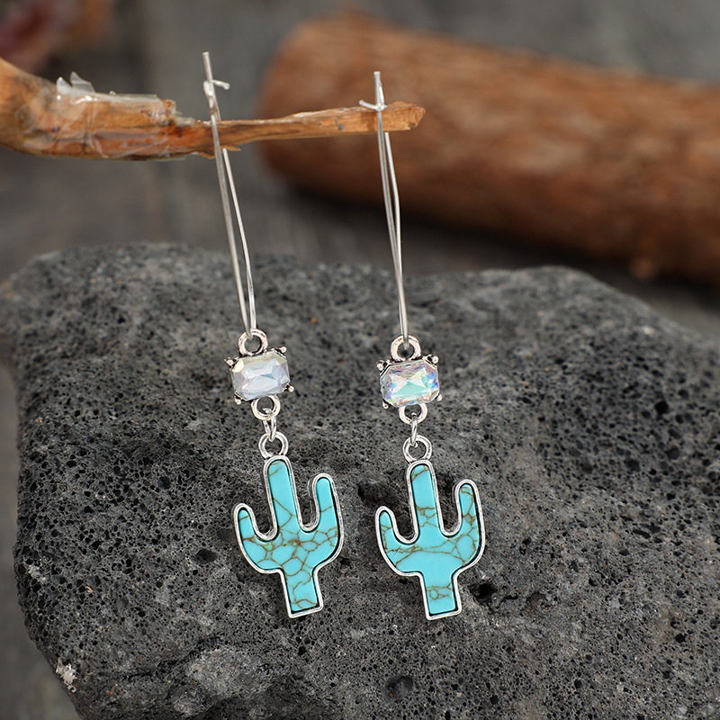 3E3C Oversized Long Bohemian Vintage Cactus Pendant Alloy Earrings | Statement Dangle Jewelry for Women