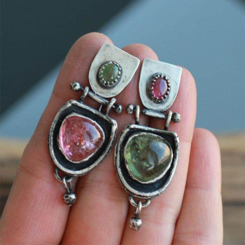 Vintage Court Style Ethnic Geometric Oval Two-Tone Crystal Stud Earrings