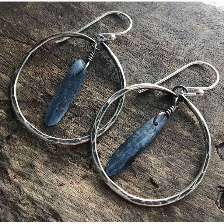 925 Silver Plated Hammered Large Hoop Earrings Vintage Wire-Wrapped Lapis Lazuli Jewelry