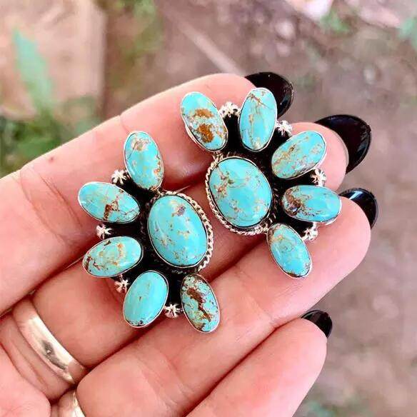 Bohemian Style Vintage Geometric Flower Earrings with Turquoise Exaggerated Studs