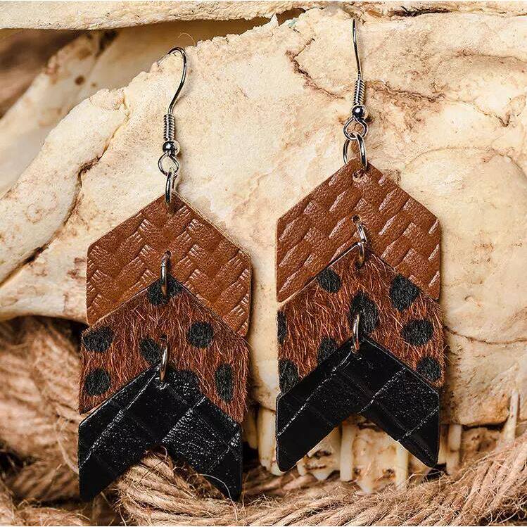 Western Style Fish Tail Woven Pattern Leather Earrings Vintage Oversized Leopard Print Faux Fur PU Jewelry