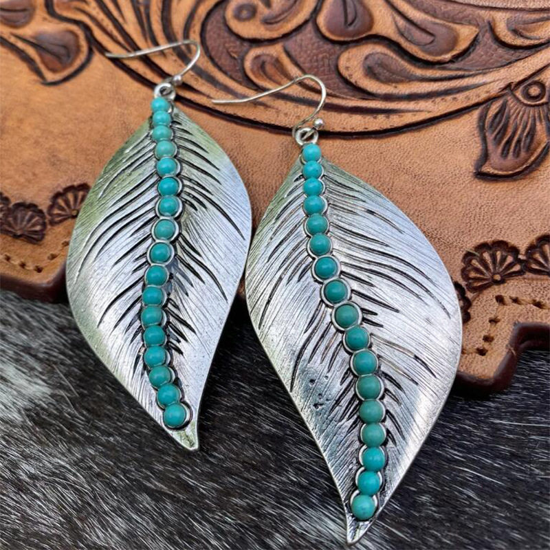 Bohemian Leaf S - shaped Turquoise Earrings Vintage Textured Jewelry