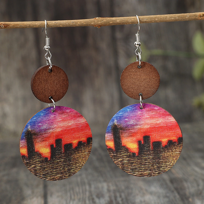 3E3C Vintage Bohemian Earrings | Sunset Sky Oil Painting Round Wooden Statement Dangle Earrings