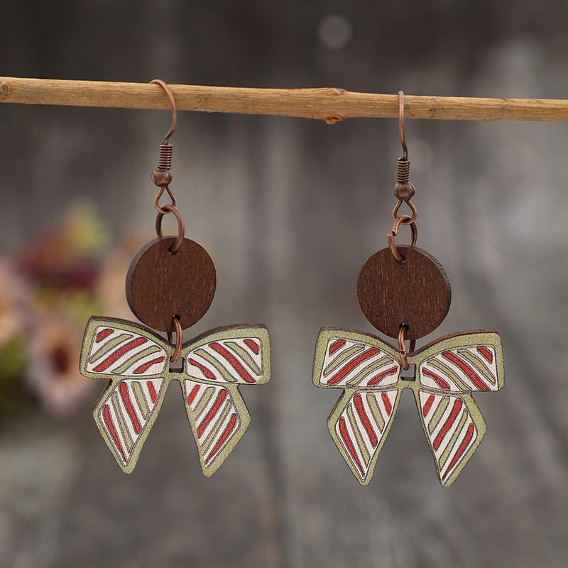 Stylish Minimalist Bowknot Spliced Small Round Wooden Earrings | Retro Women's Jewelry