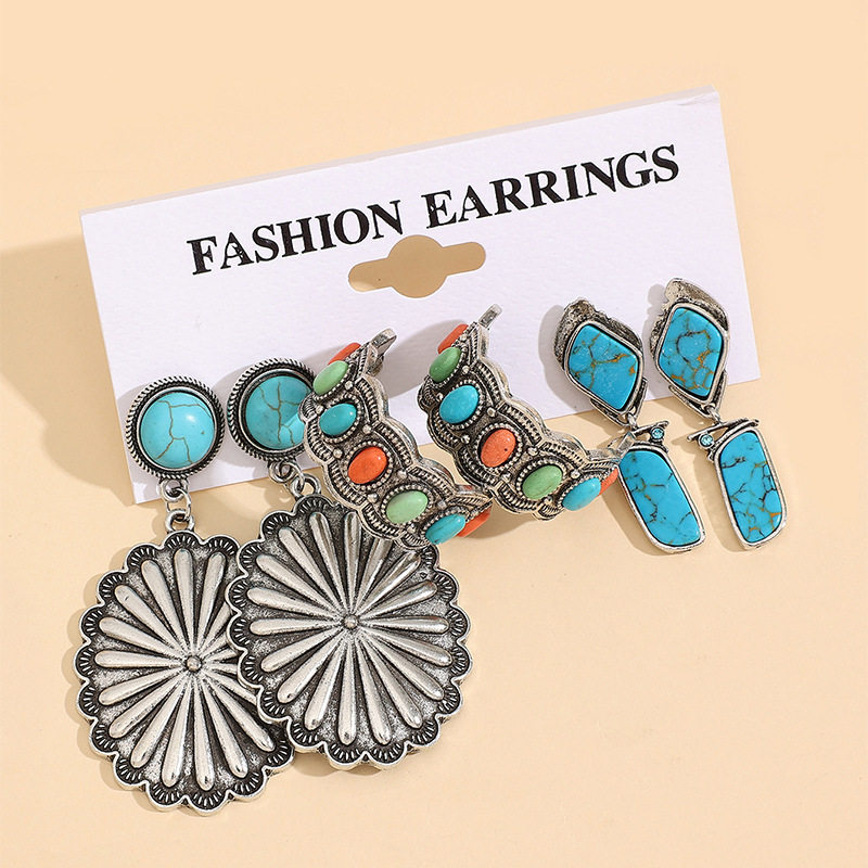 Bohemian Vintage Earrings Set 3 Pairs Western Style Carved Turquoise C-Shaped Hoops