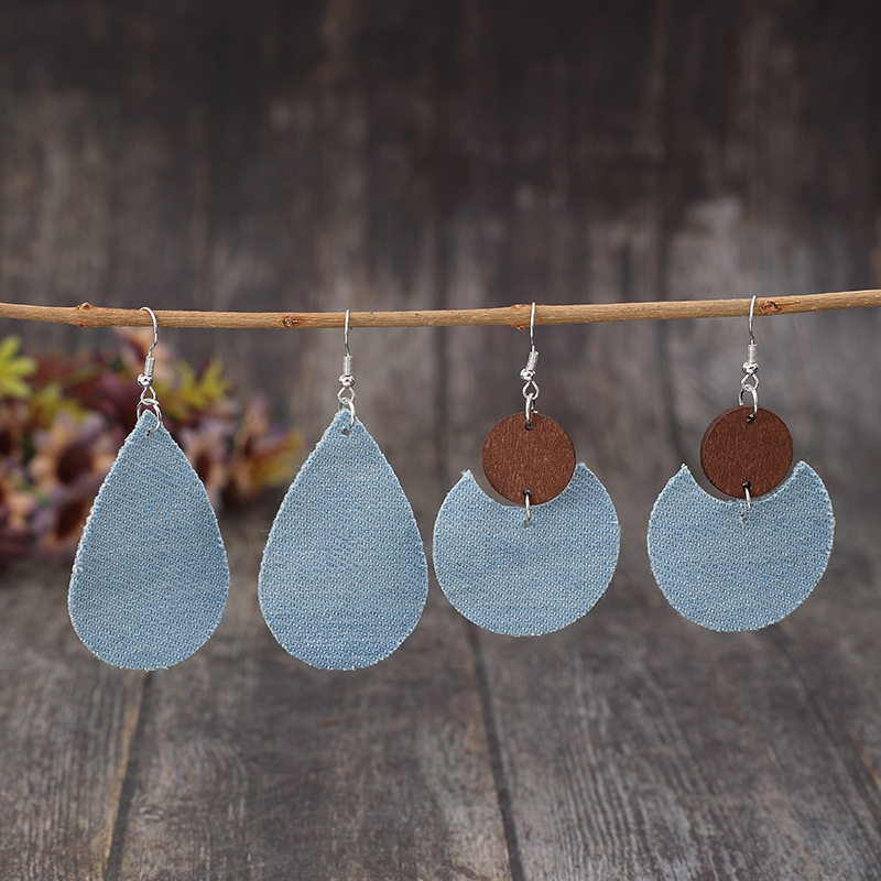 3E3C Vintage Distressed Earrings | Teardrop Crescent Disc Patchwork Leather Dangle Statement Earrings