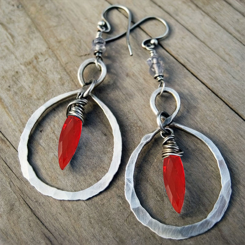 Bohemian Vintage Hollow Alloy Round Patchwork Glass Pendant Earrings for Women