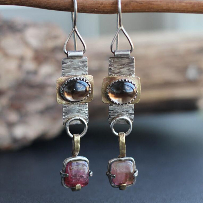 Vintage Distressed Metal Square Rose Quartz Earrings Royalcore Elegant Jewelry for Women