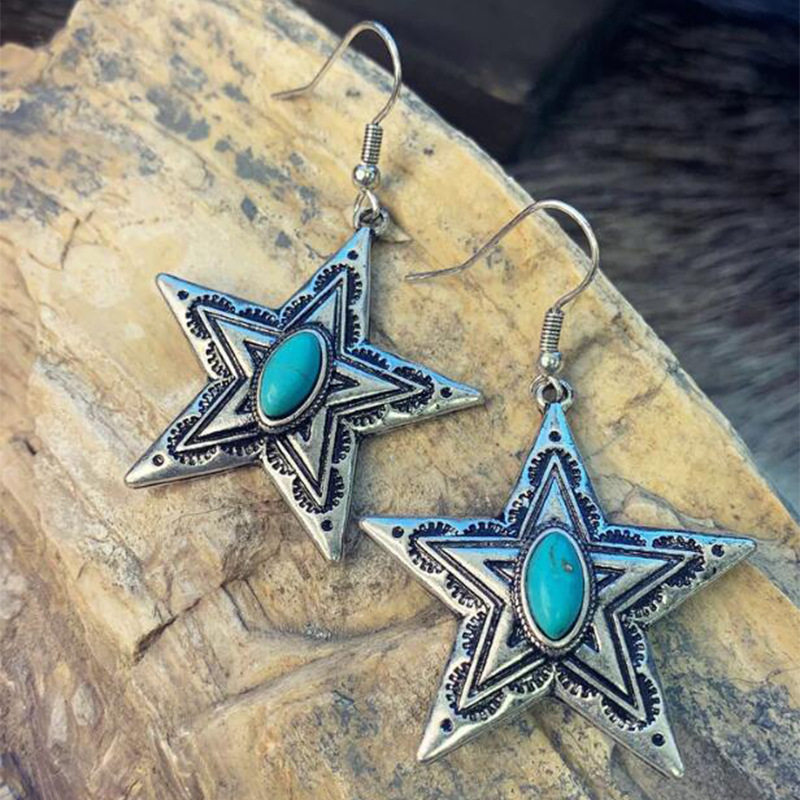 Vintage Lace - edged Pentagram Turquoise Earrings Creative and Unique Ear Drops