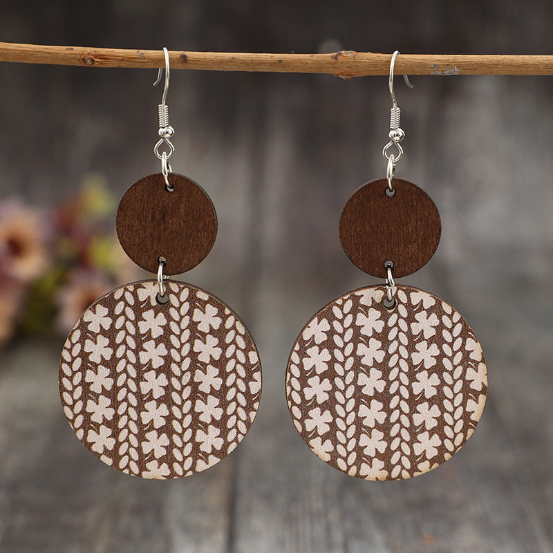 Vintage St. Patrick's Day Geometric Round Printed Clover Wooden Statement Earrings for Women