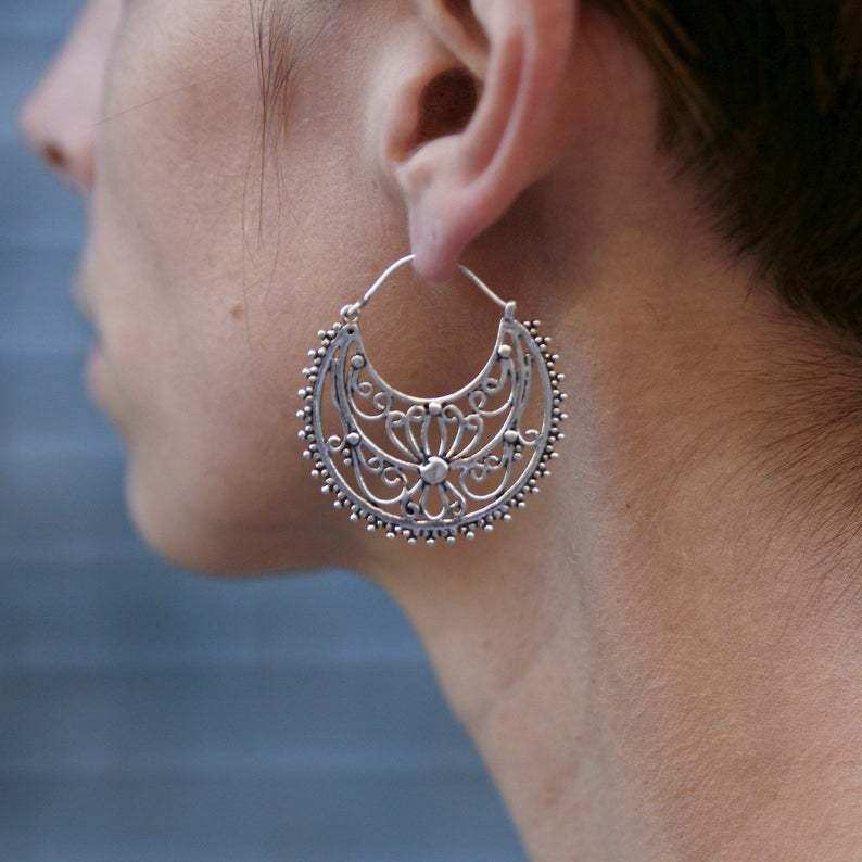 3E3C Vintage Bohemian Earrings | Oversized Half-Circle C-Shaped Hollow Statement Dangle Earrings