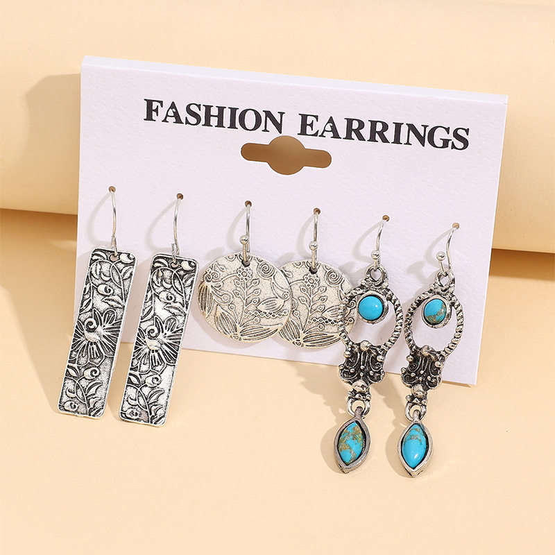 Bohemian Vintage Carved Earrings Ethnic Style Turquoise Retro Earring Set