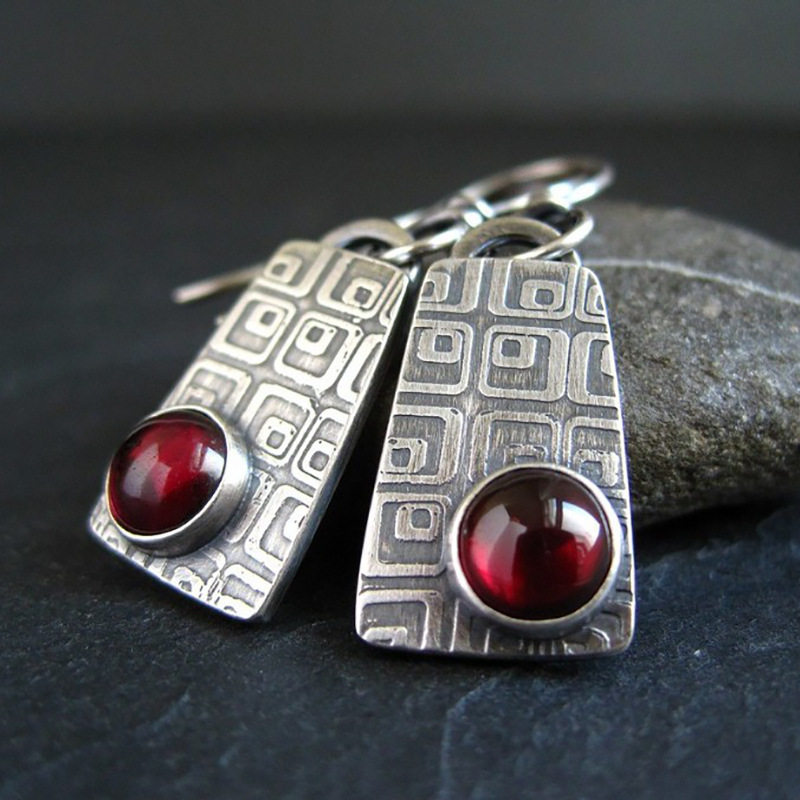 Vintage Square Clasp Meander Earrings | Retro Ruby Dangles | Trendy Personality Statement Jewelry