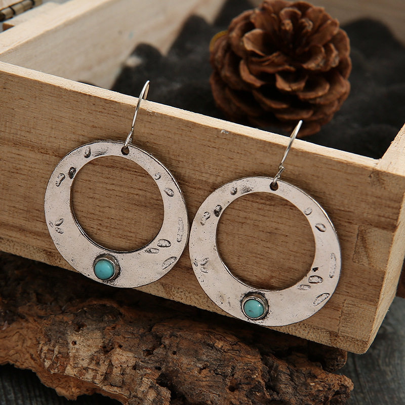 3E3C Vintage Turquoise Inlaid Earrings | Women's Oversized Geometric Circle Statement Jewelry