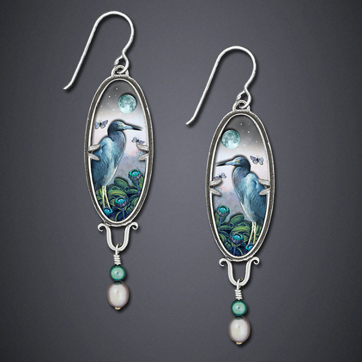 3E3C Vintage Palace Bird & Flower Earrings | Western Fashion Sapphire Pearl Heron Dangle Drop Earrings