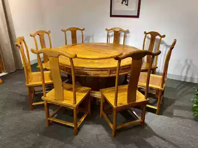 Golden Sinan wooden dining table round table new Chinese antique solid wood round table living room table and chair combination set custom retro