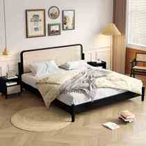 Rattan solid wood bed modern minimalist master bedroom 1 8m double bed black Nordic Japanese style retro wabi-sabi style bed and breakfast