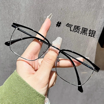 Hong kong style handsome half-frame glasses black frame eyebrow line woman flat big face retro wood tattoo eyebrow myopia eye frame