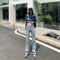 RJVO jeans womens high waist 2022 spring and autumn new mint blue slimming lengthened elastic flared mopping trousers