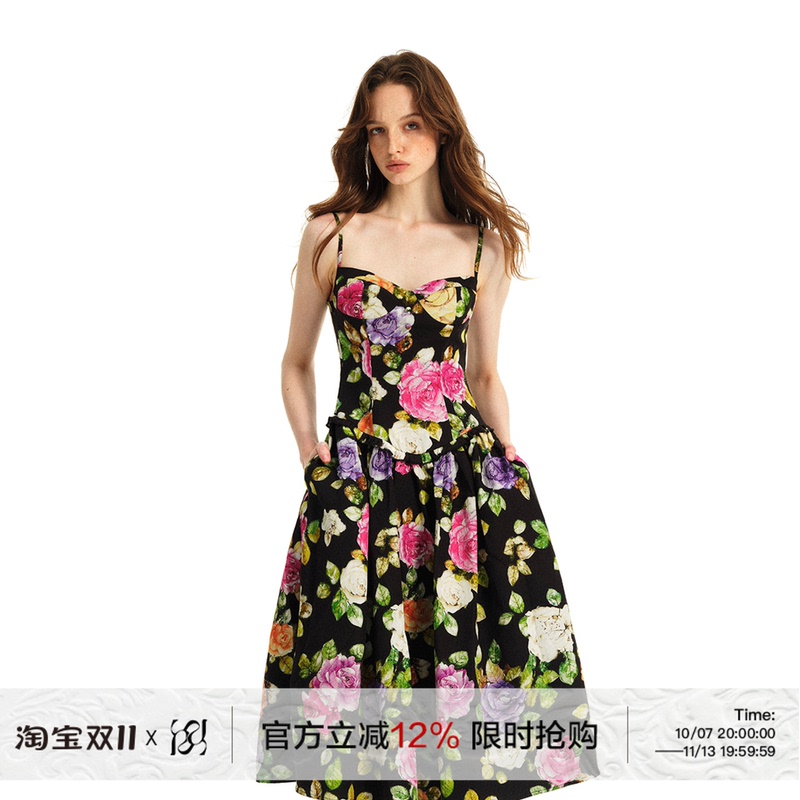 Runrunsweet Original "Midnight Blossoms" Retro French-Style Lyocell Floral Suspender Waist-Cinching Dress