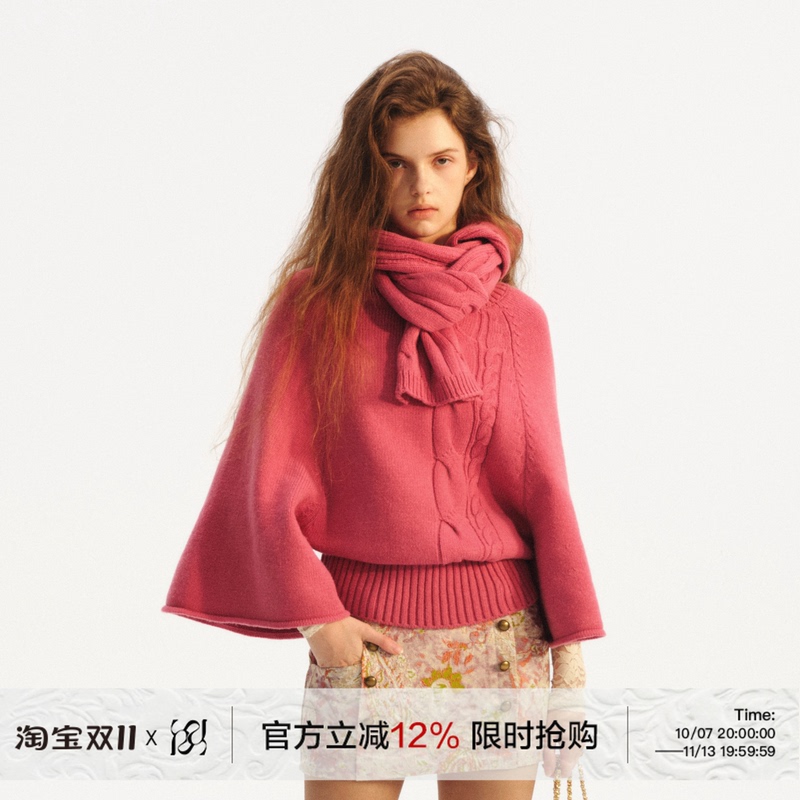 Runrunsweet Original Retro Fashionable Wool Cable Knit Cape Lazy Pullover Knitted Sweater Scarf Set
