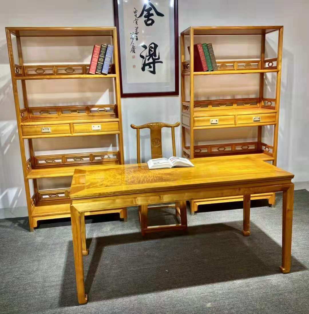 Gold Silk Nanwood Desk Small Leaf Zhen Nanshui Corrugated Desk Bookcase Combination Imitation Ancient Chinese Book Room Bookcase